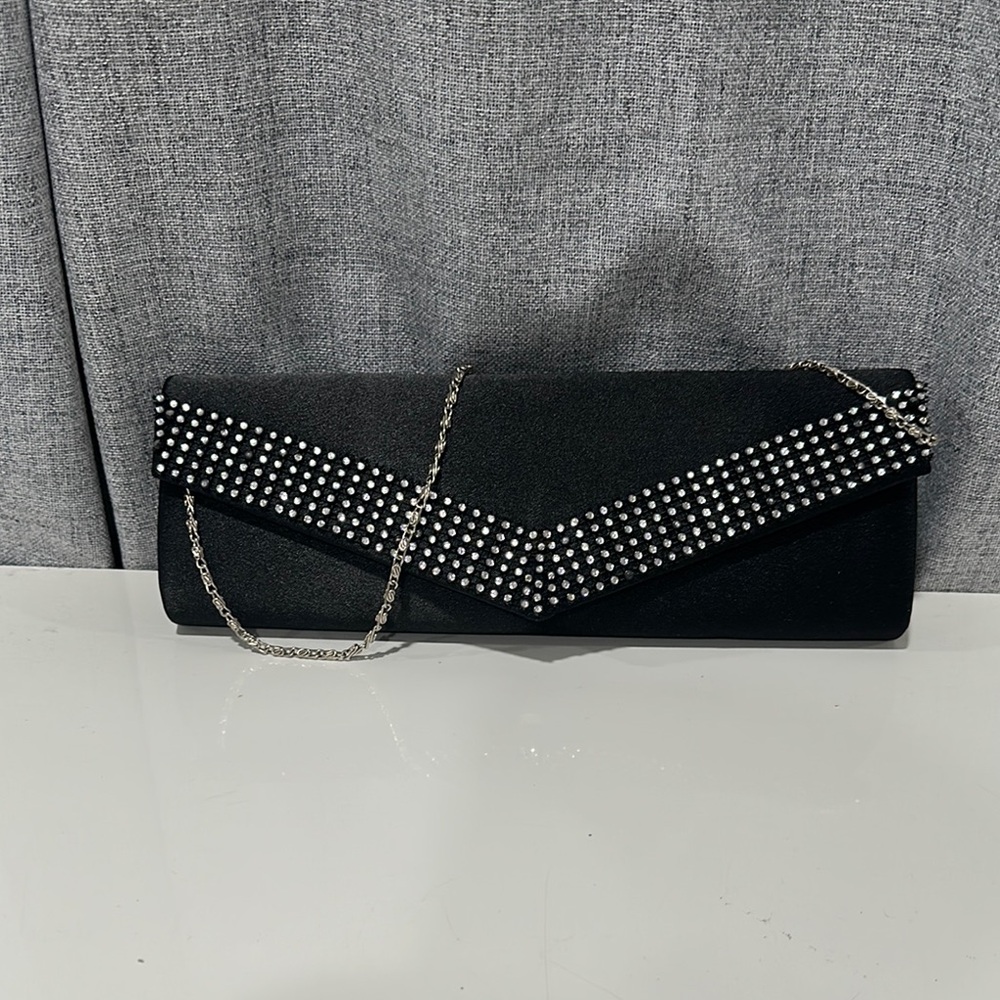 Bijoux Terner Elegant Black satin Clutch/shoulder bag with Rhinestone Detailing
